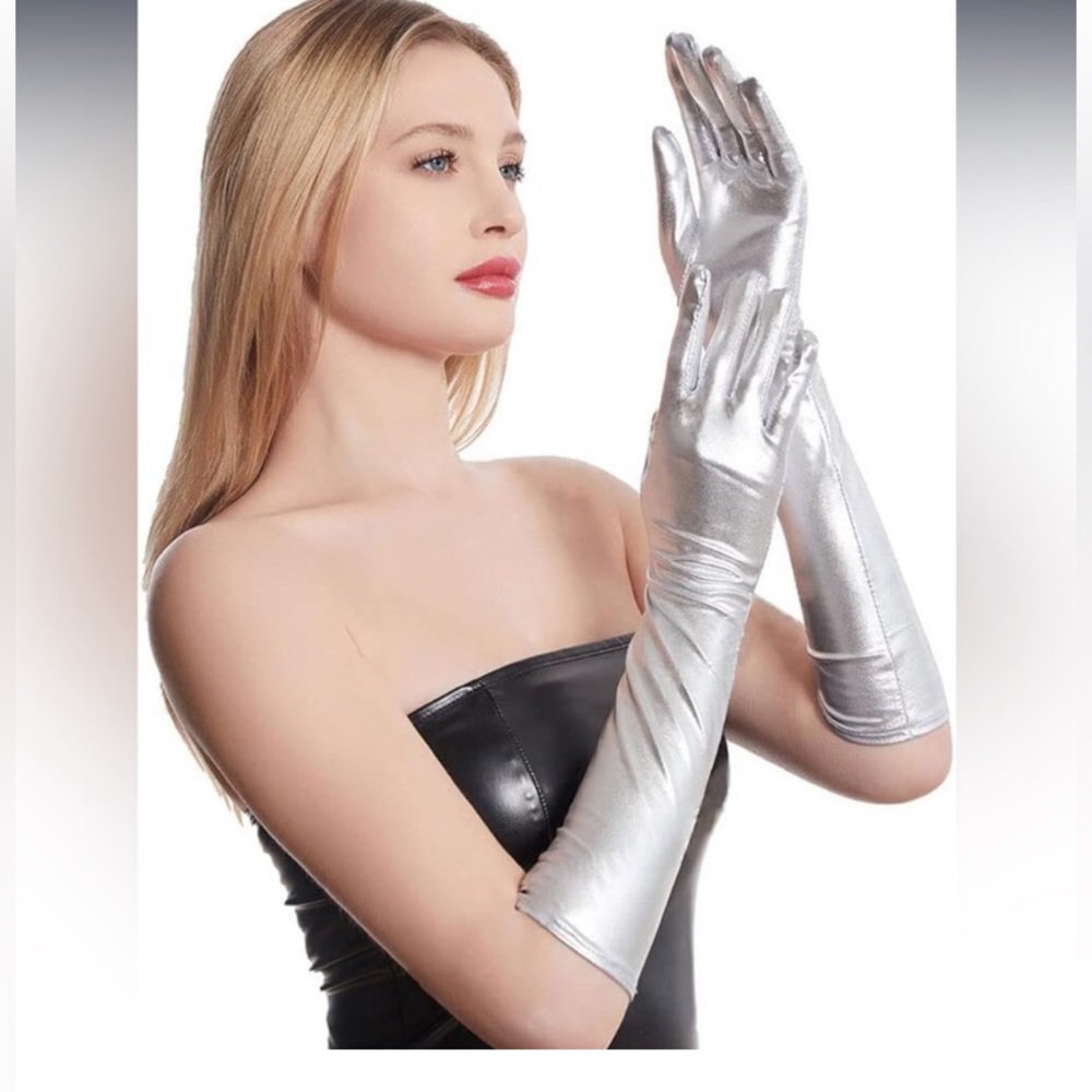Wet Look Gloves Silver Women's Metalic Satin Cosplay Finger Gloves new